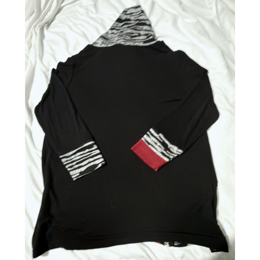 Ali Miles Tunic Top Large Black Red Zebra Print Cowl Neck Zipper Art to Wear - Picture 2 of 5